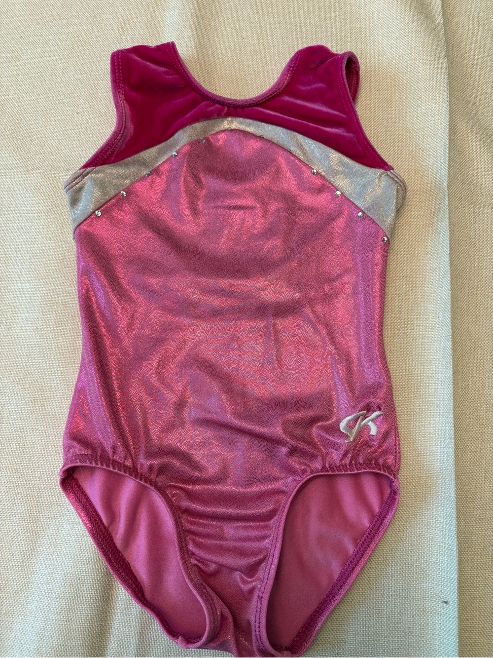GK Elite Girls Gymnastics Leotard Pink Foil Velvet Rhinestone Child XS / 4-5